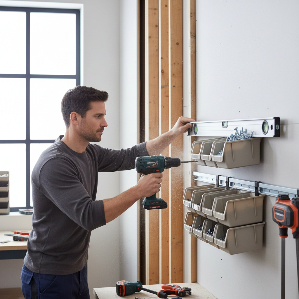 Installing wall rails for screw organizer bins into studs with a level
