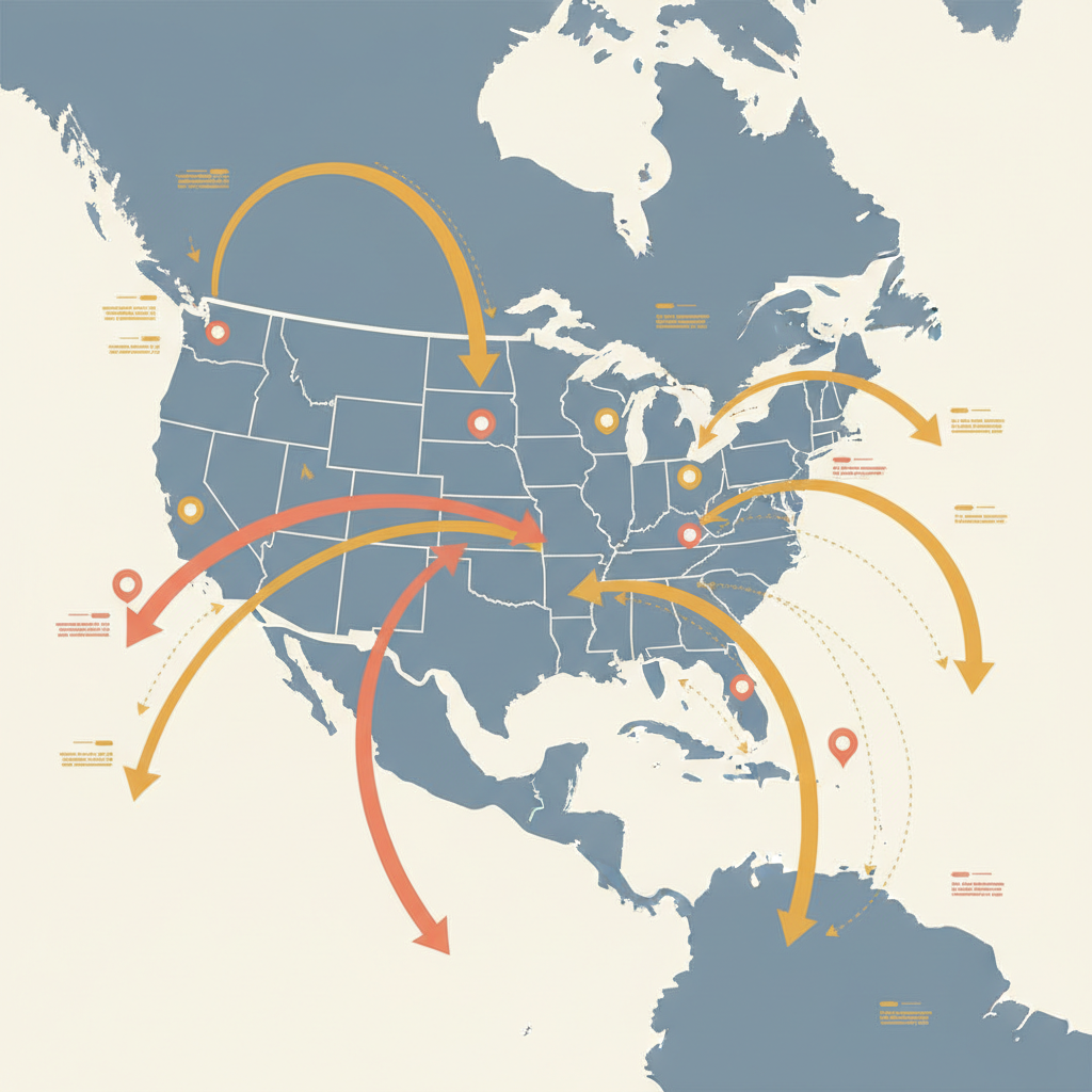 Map-style planning view of subtropical winter destinations from the United States