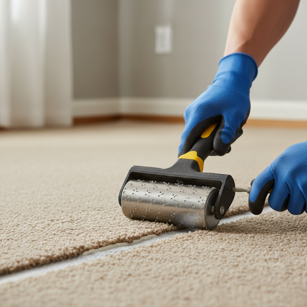 Carpet seam roller tool being used on a glued carpet seam