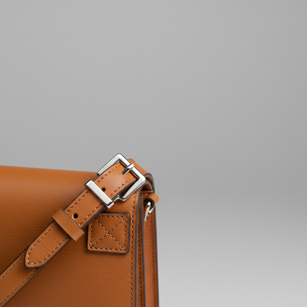 Detailed view of crossbody strap hardware and stitching on a small leather bag