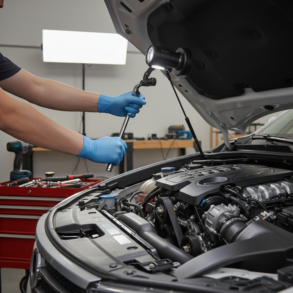 Hands-free magnetic flashlight holder mount on a car hood in a garage