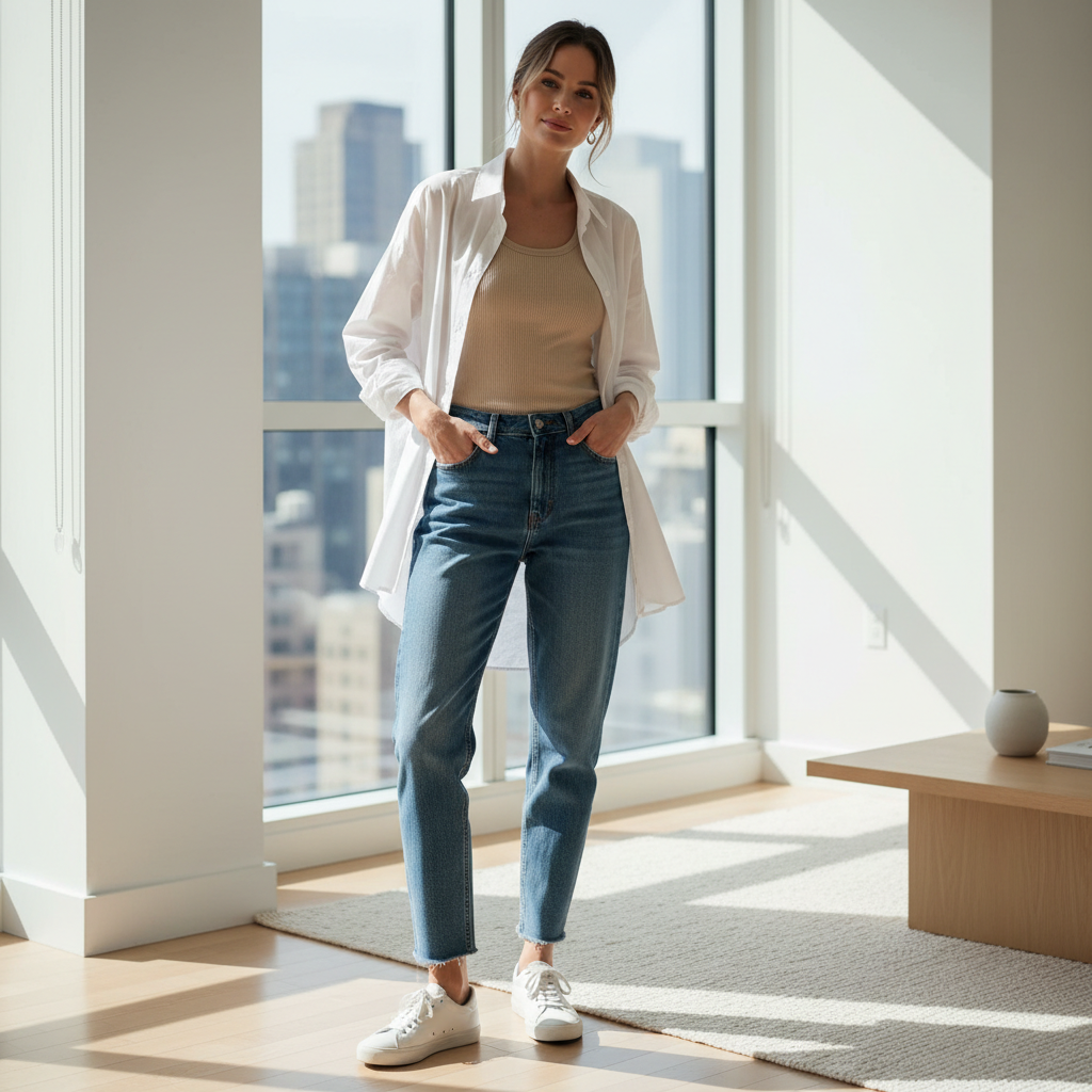 Weekend white shirt outfit idea with open button-down over a tank and jeans