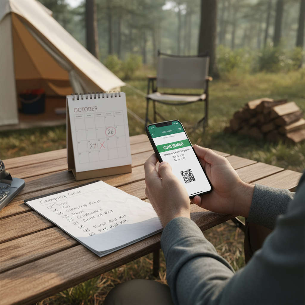 Camper using a phone to confirm a campsite reservation with a calendar and checklist nearby