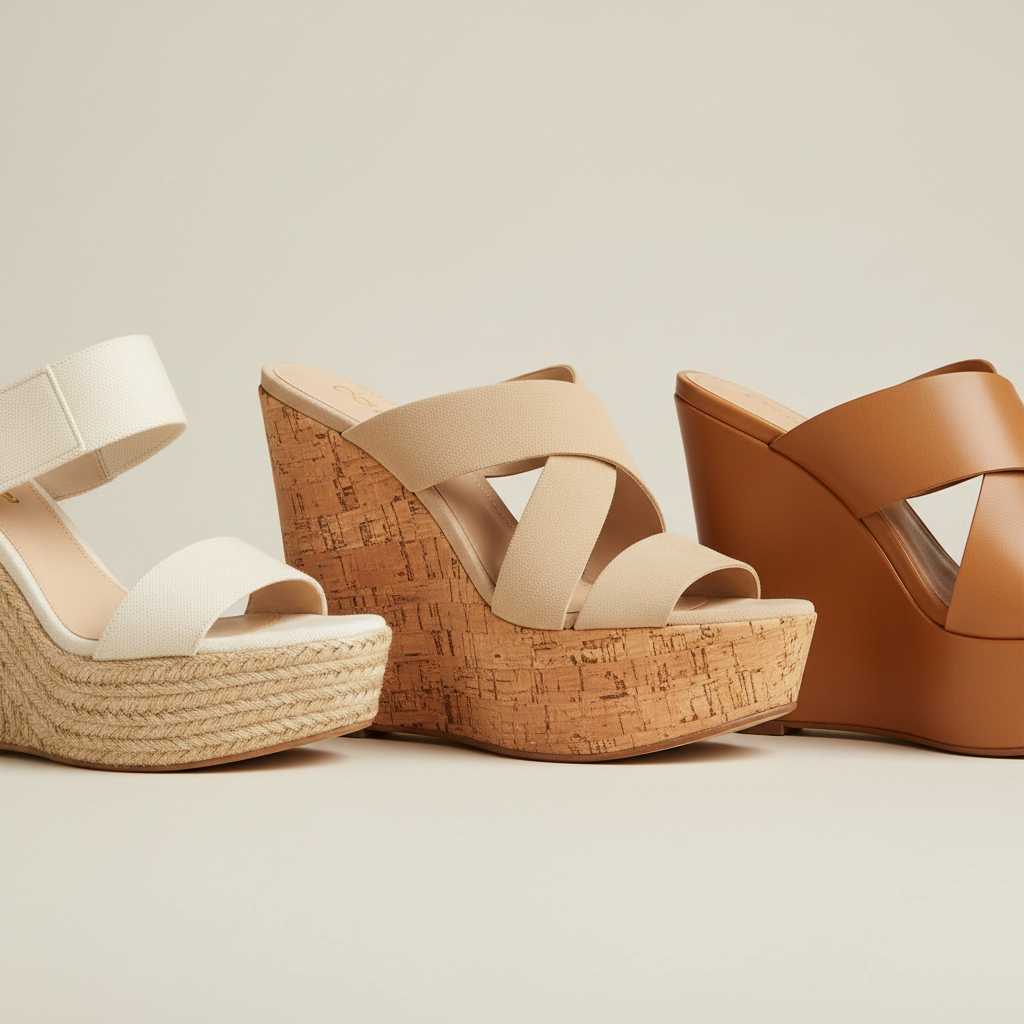 Close-up of wedge sandal materials jute cork and leather