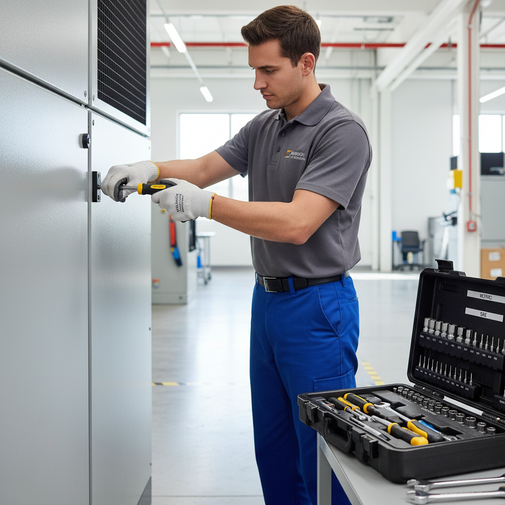 Technician using a nut driver on an appliance panel with mixed metric and SAE hardware