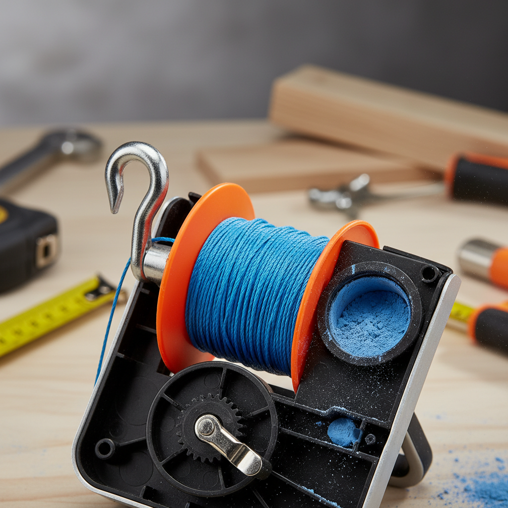 Close-up of chalk line reel parts including string, hook, and chalk fill port