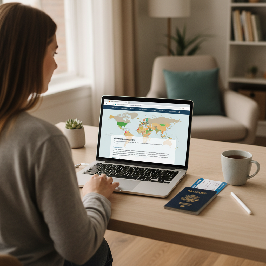 US traveler reviewing visa-free entry requirements on a laptop before a trip
