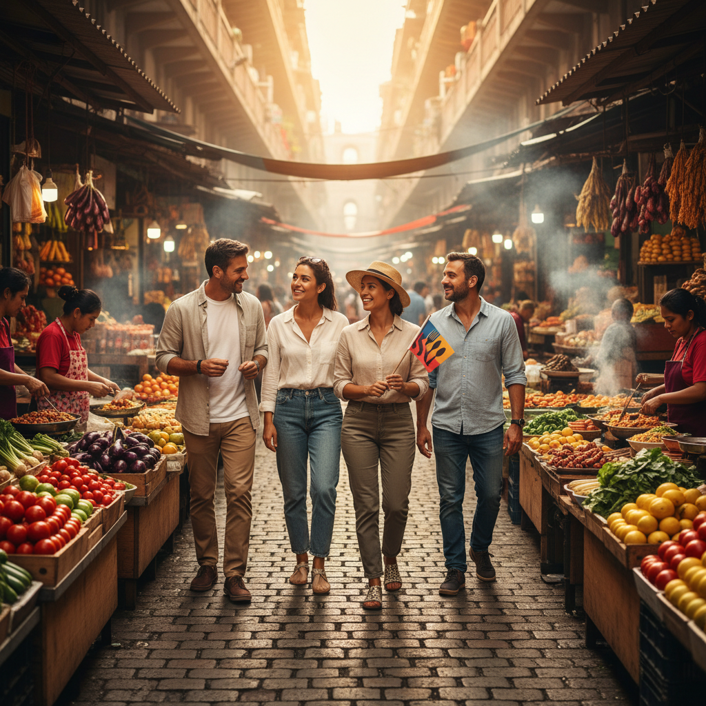 Food tour group walking through a lively city market with guide holding a small flag