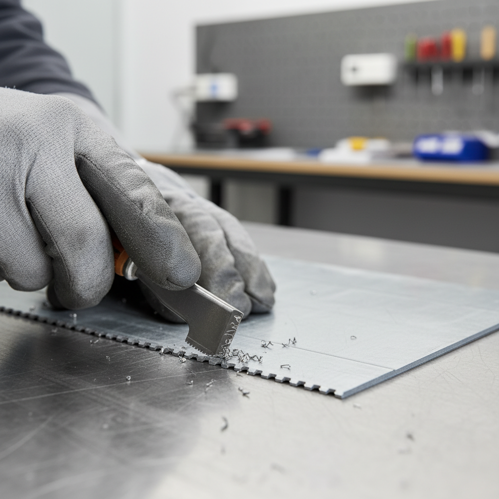 Close-up of nibble pattern and deburring a straight cut edge on sheet metal
