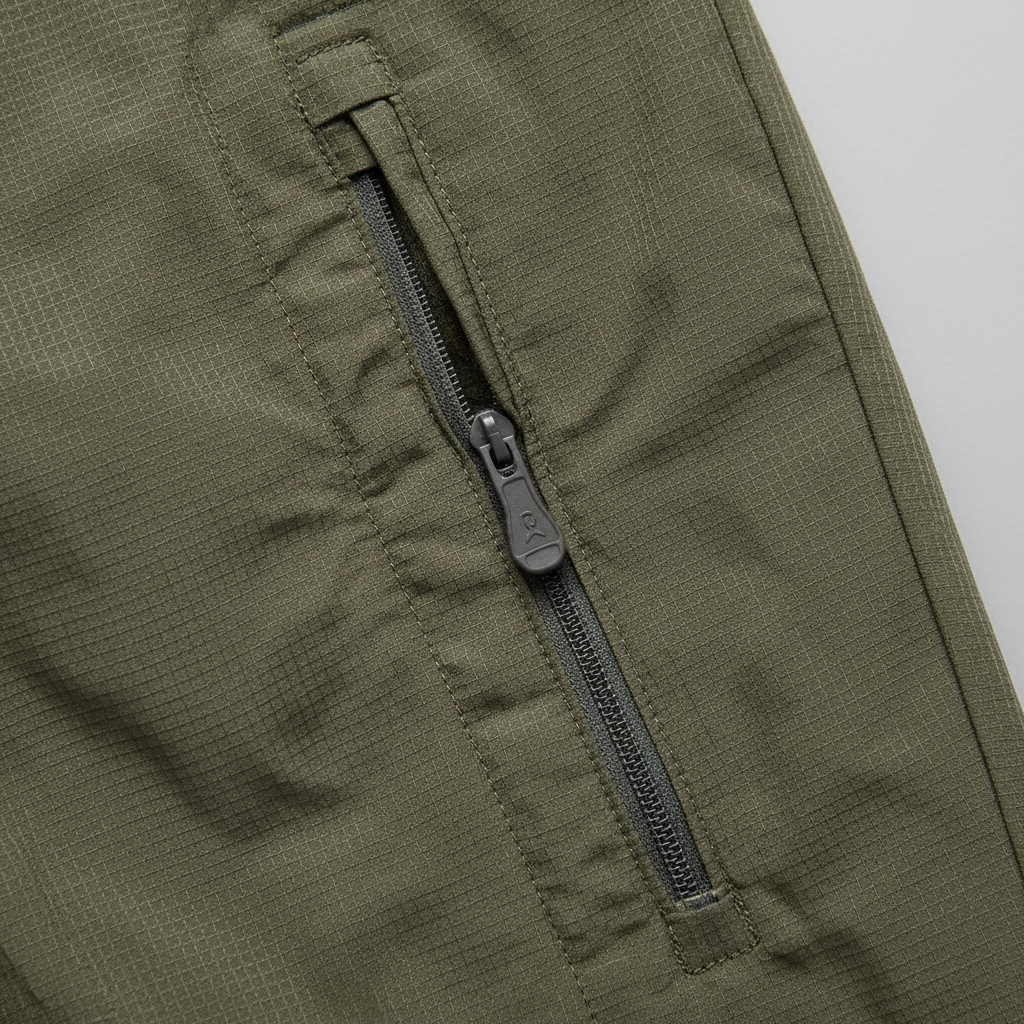 Close-up fabric texture of quick-dry travel pants with zipper detail