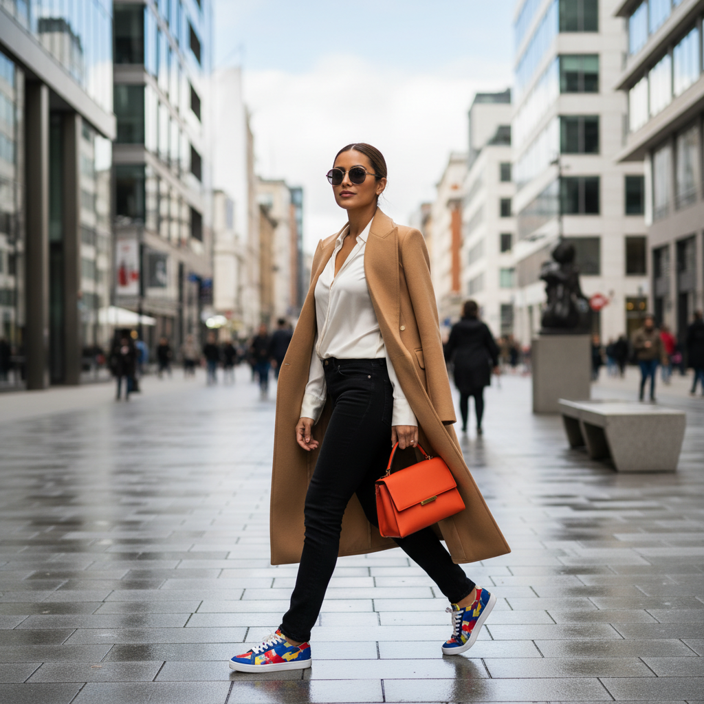 Street style look using colorful outfit accents with shoes and bag