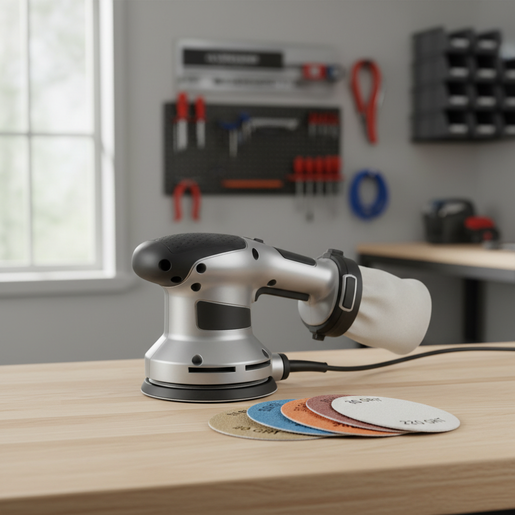 Random orbital sander with sandpaper discs and dust collection for safe sanding