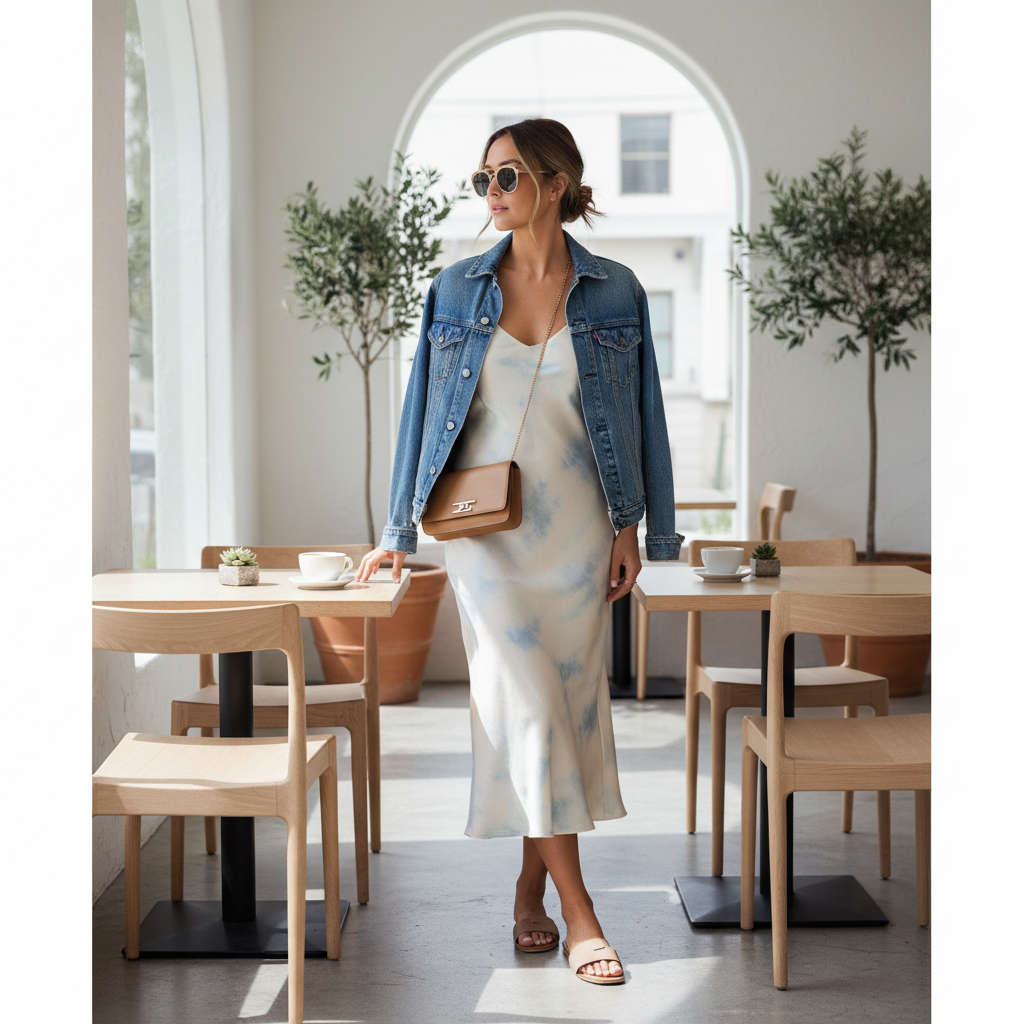 Tie dye slip dress with denim jacket and neutral accessories for casual day outfit