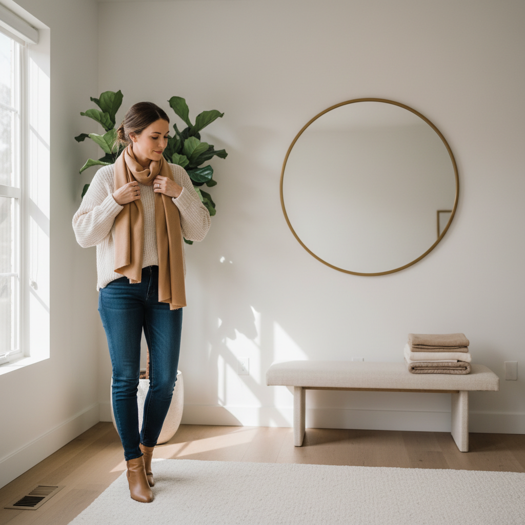 Mom adjusting layered neutral outfit with scarf and boots for family photos
