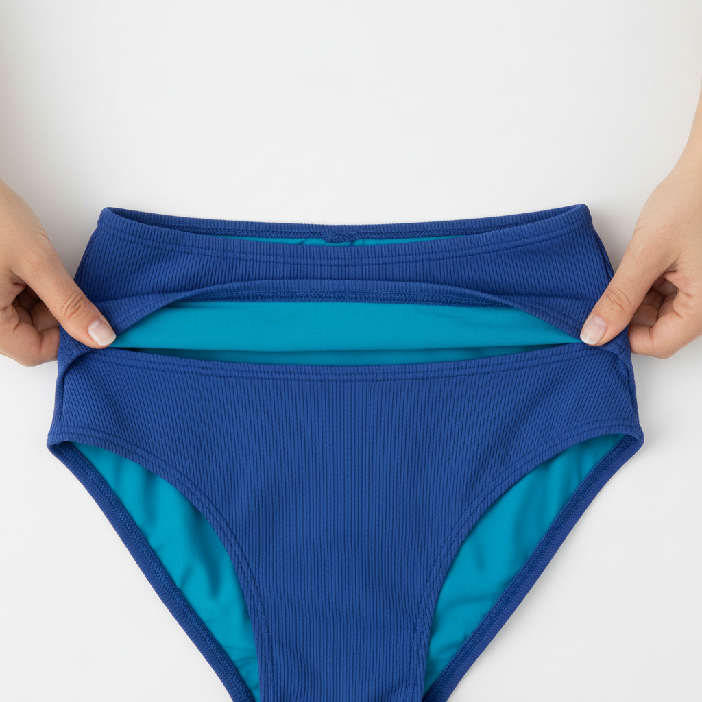 Close-up of swimsuit fabric stretch and waistband construction for high waisted bikini bottoms