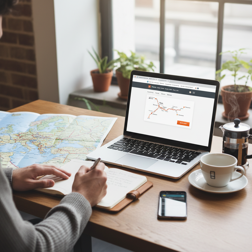 Traveler planning a European rail itinerary with map and laptop