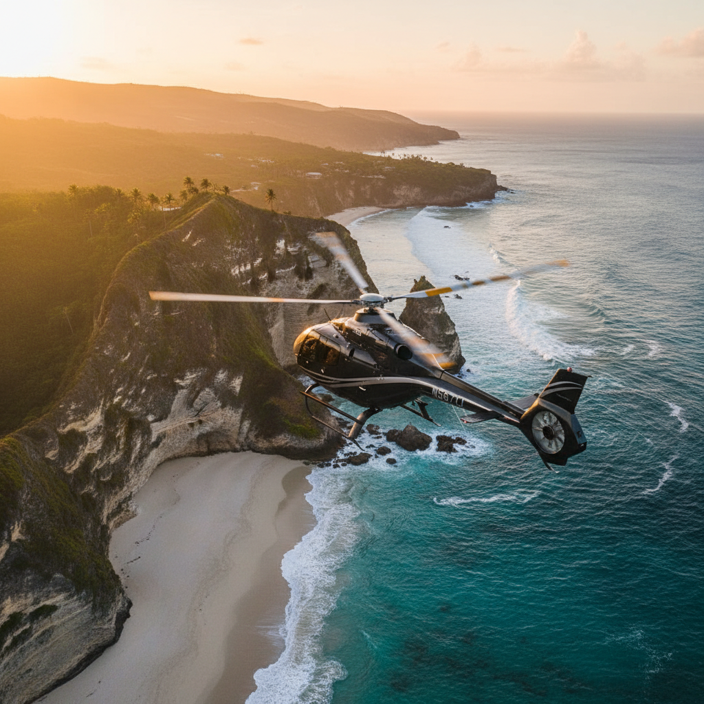 Helicopter flying over a dramatic coastline for aerial sightseeing