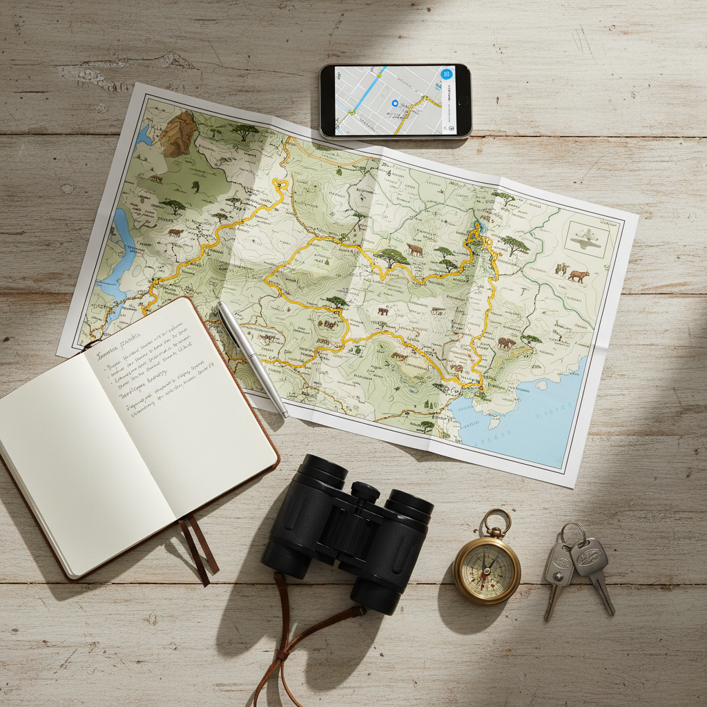 Printed safari route map with notebook, binoculars, and phone offline map
