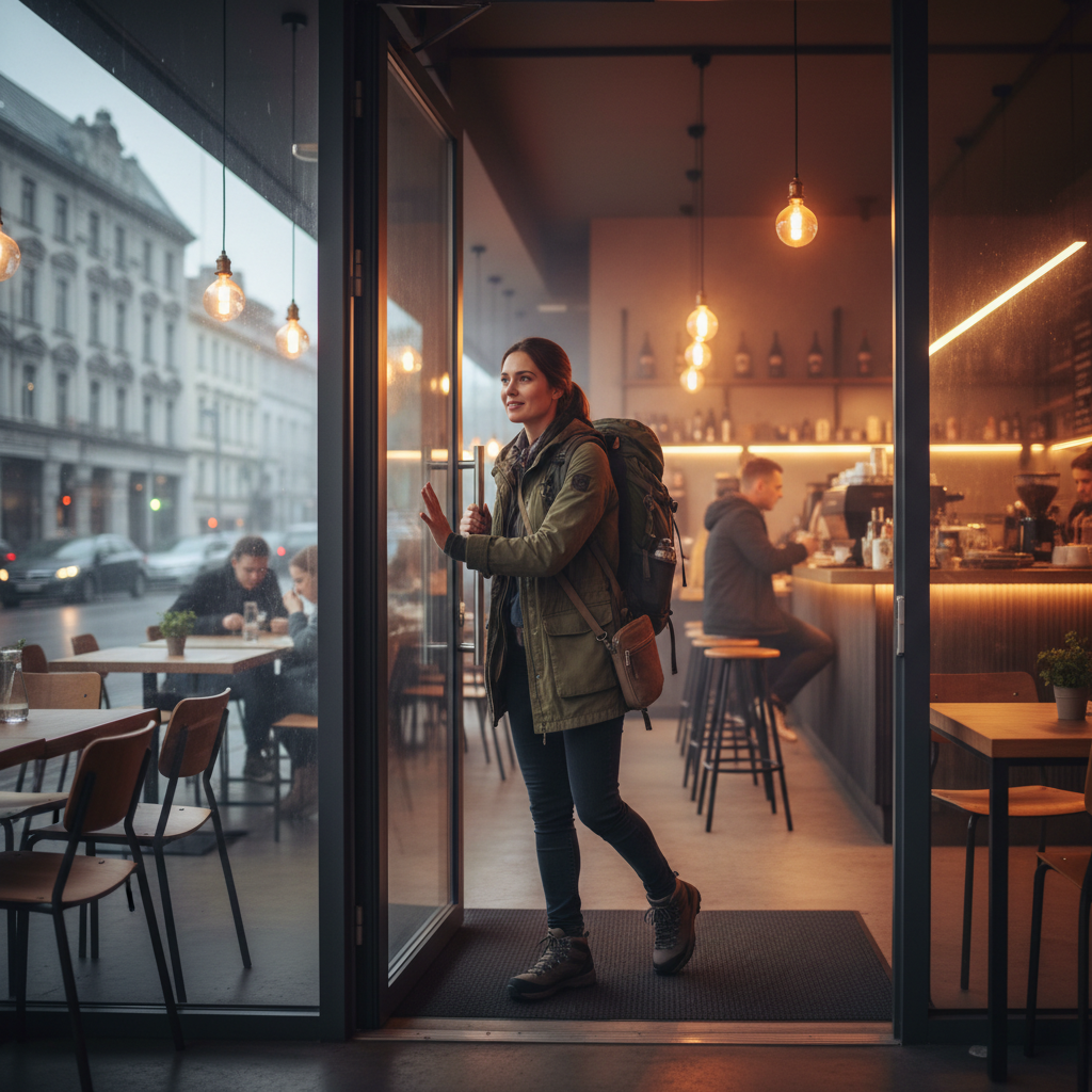 Solo traveler stepping into a busy cafe to reset after feeling followed