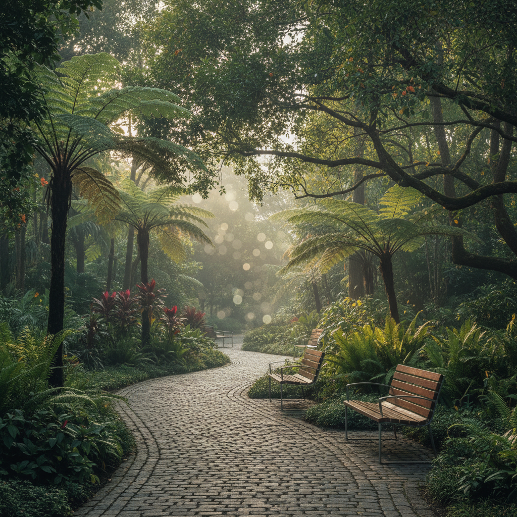 Quiet botanical garden path with benches and morning light