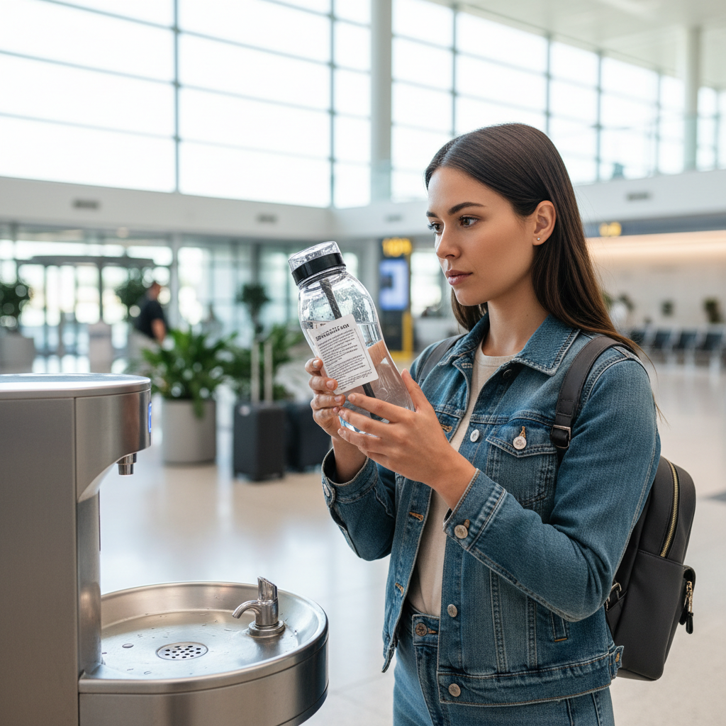 Traveler refilling a filtered water bottle at an airport and reading safety label