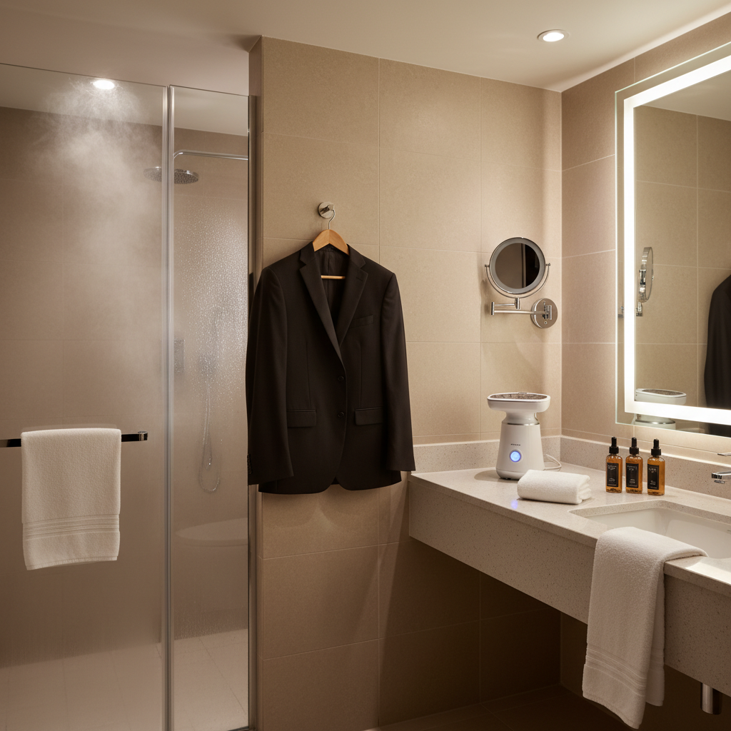 Hotel bathroom steam refresh routine for wrinkle-resistant work clothes