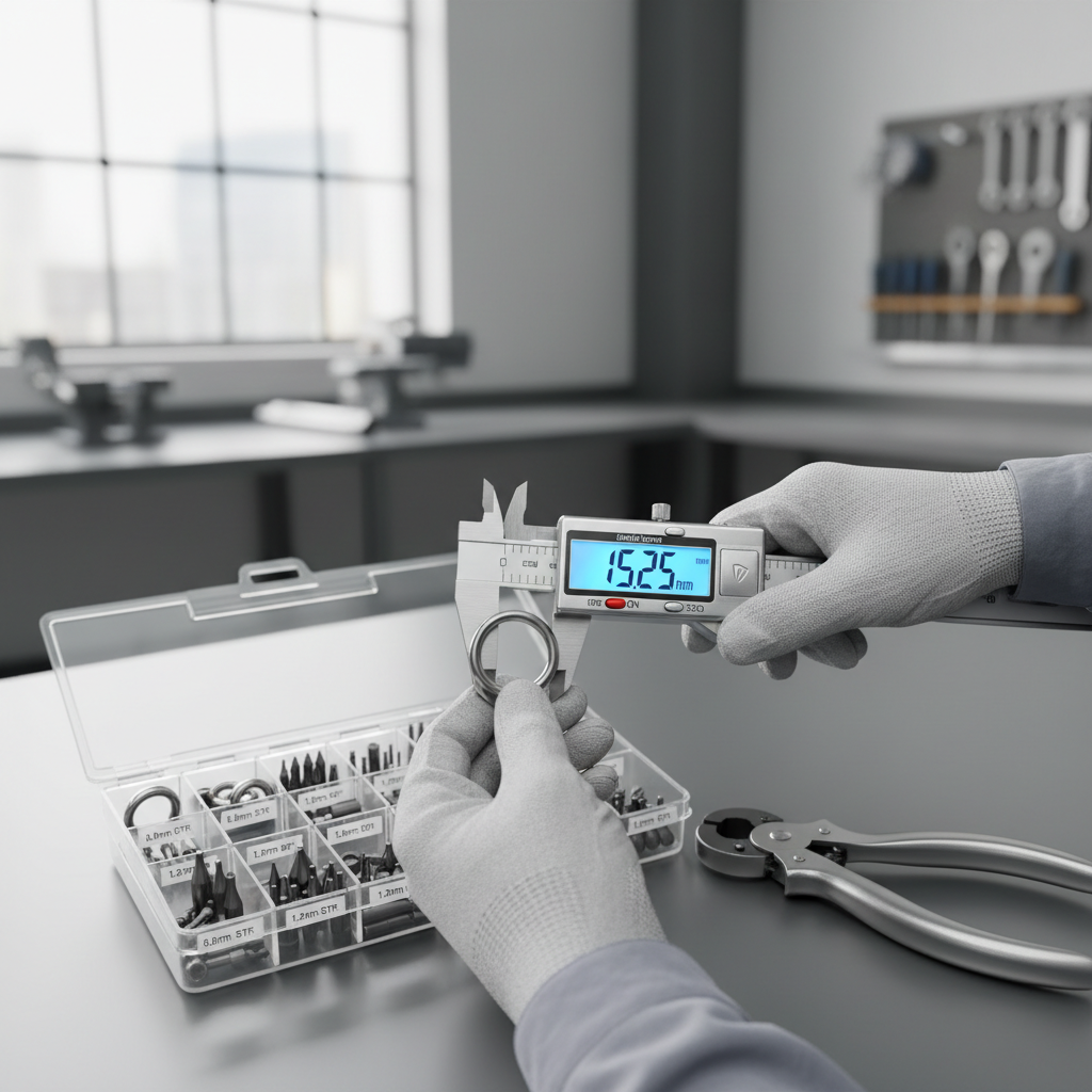 Technician selecting snap ring plier tips and measuring snap ring hole size with calipers