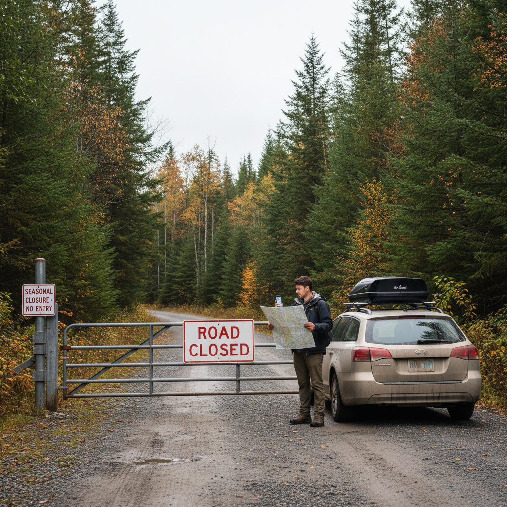 State forest road closure sign and alternate route planning