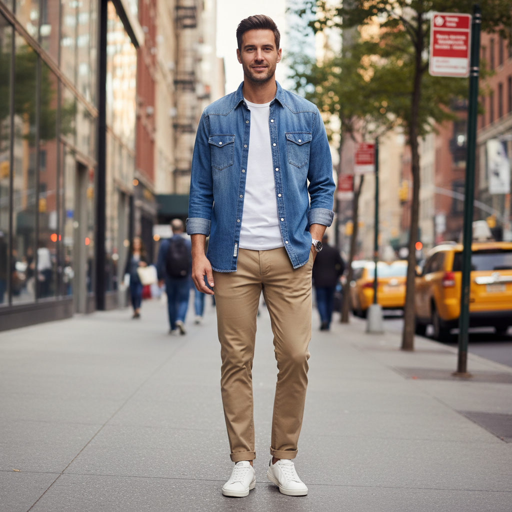 Men wearing a casual layered denim shirt with a white tee and chinos