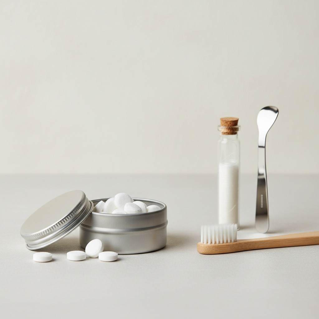Toothpaste tablets and refillable travel containers for eco oral care