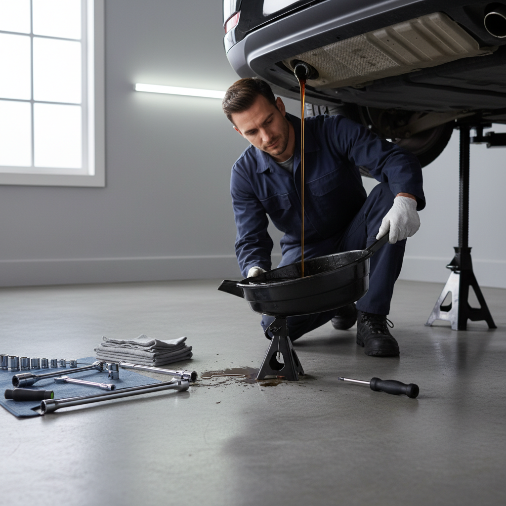 Oil drain pan with spout catching used motor oil under a car