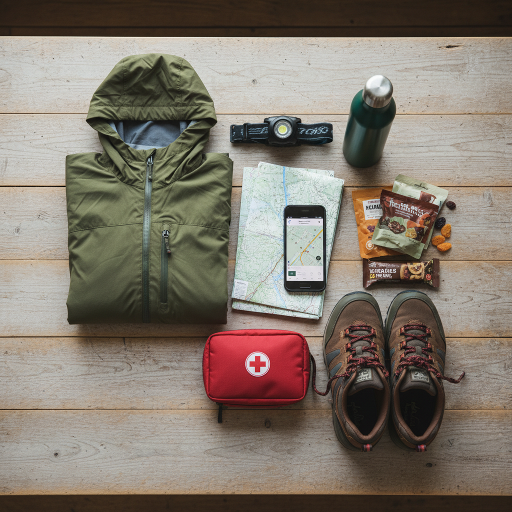 Flat lay of day-hike essentials for an old-growth forest visit