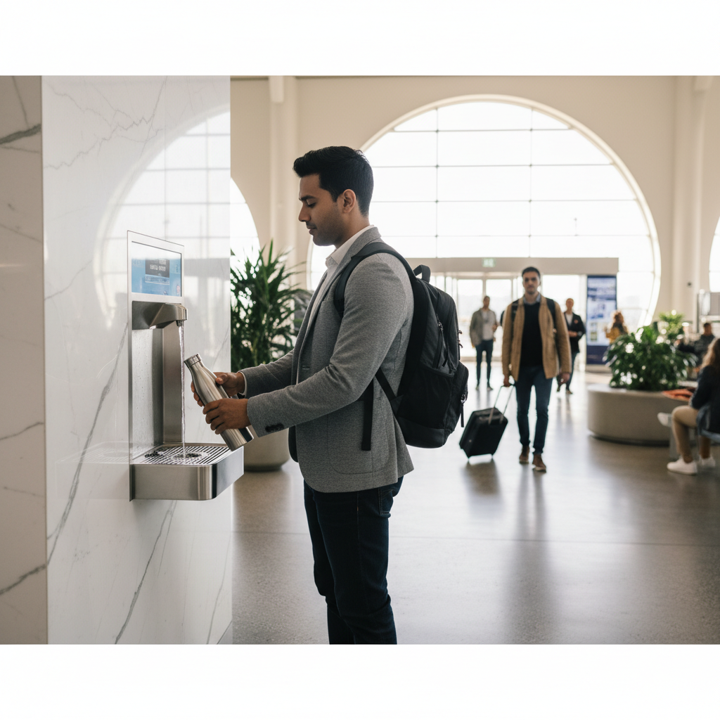 Traveler refilling a reusable water bottle at an airport hydration station