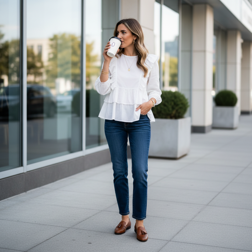 Dressy casual outfit with a women ruffle blouse styled with jeans and loafers