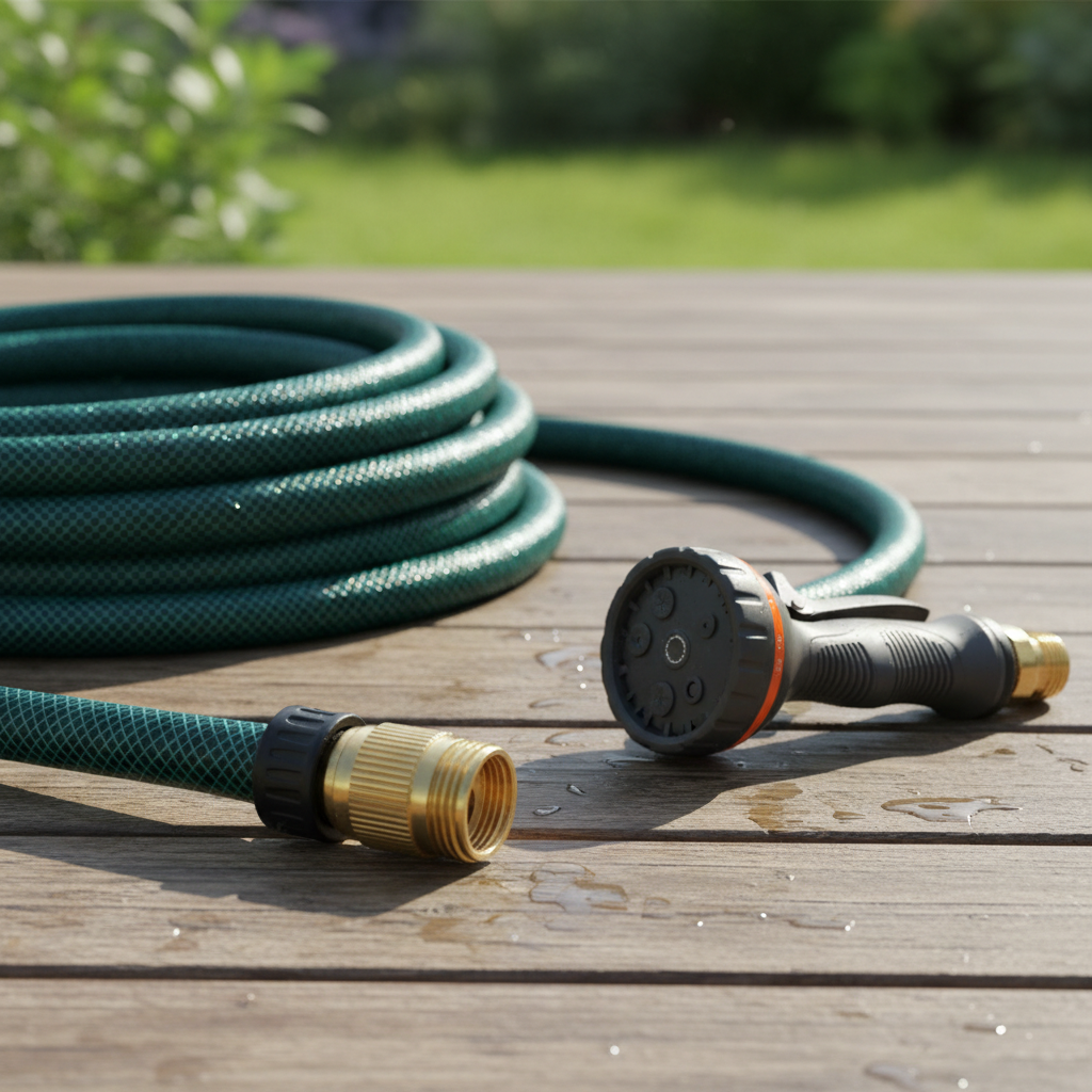 Close-up of expanding garden hose connectors and spray nozzle