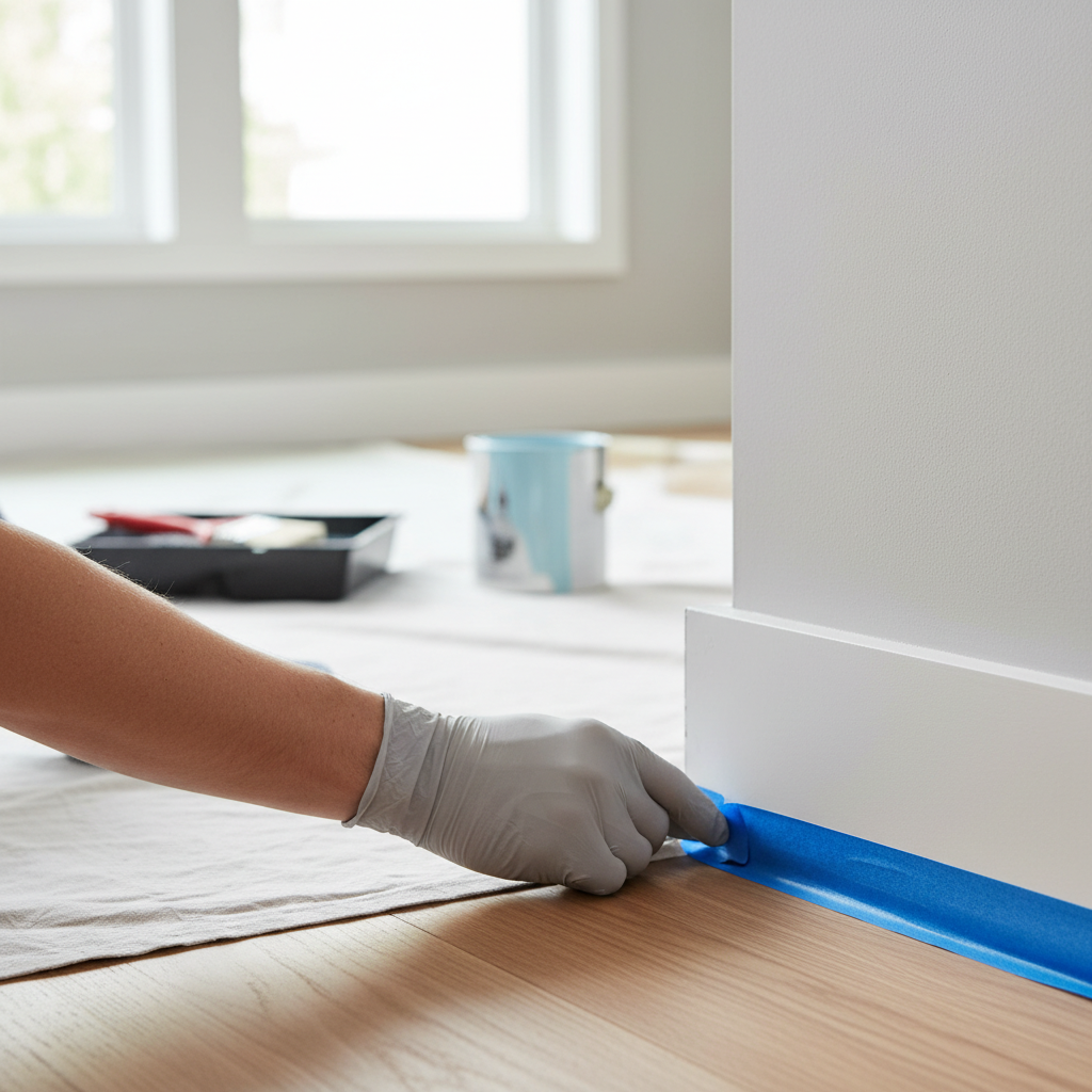 Painter applying masking tape along baseboard for clean paint lines