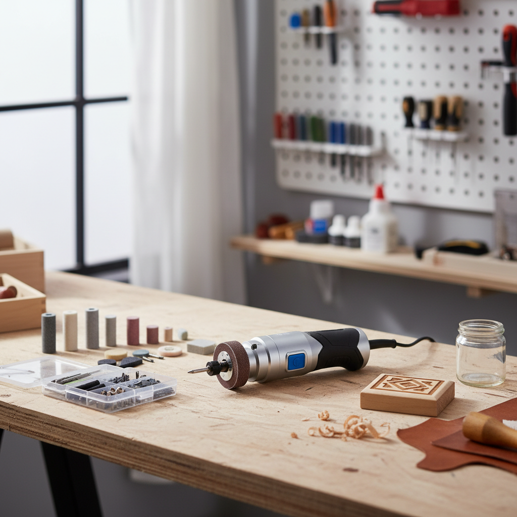 Cordless rotary tool used for sanding and engraving on a DIY craft workbench