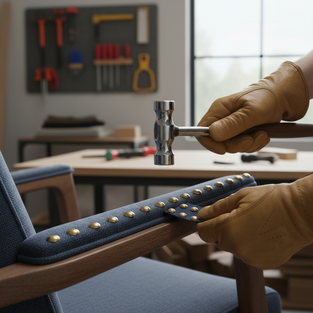 Small upholstery tack hammer used on fabric trim close-up