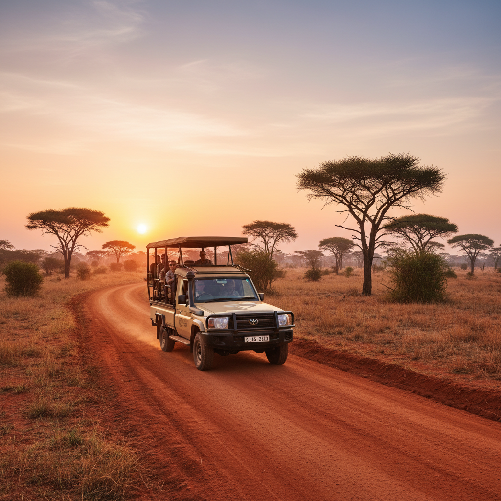 Self-drive safari vehicle on an African park road at sunrise
