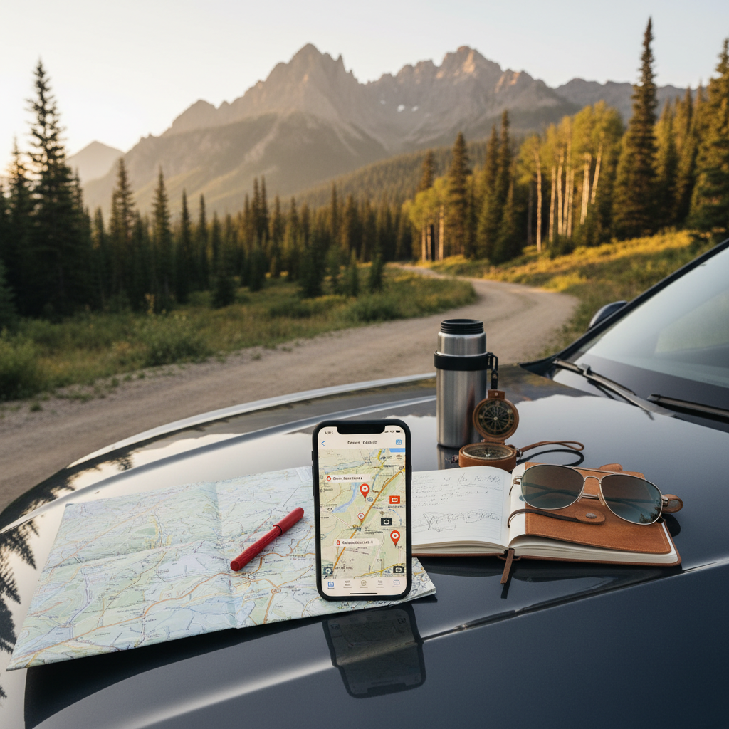 Map planning for scenic overlook stops with phone and paper map on car hood