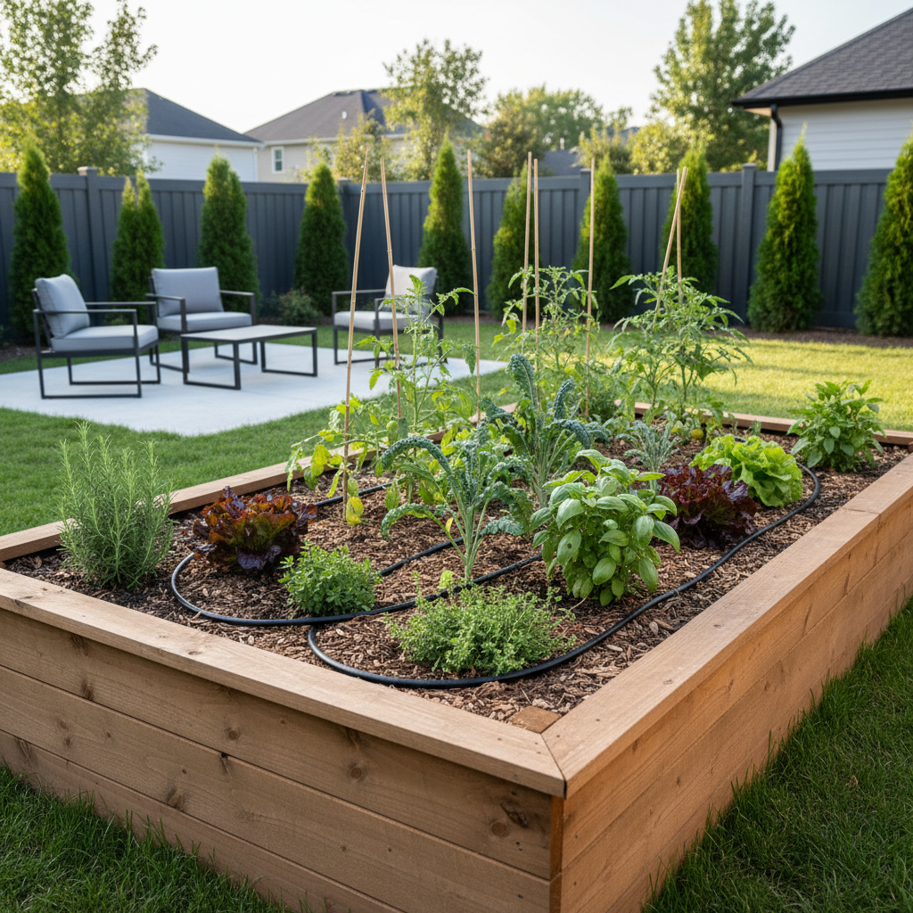 Soaker hose laid out in a raised garden bed with mulch and vegetables