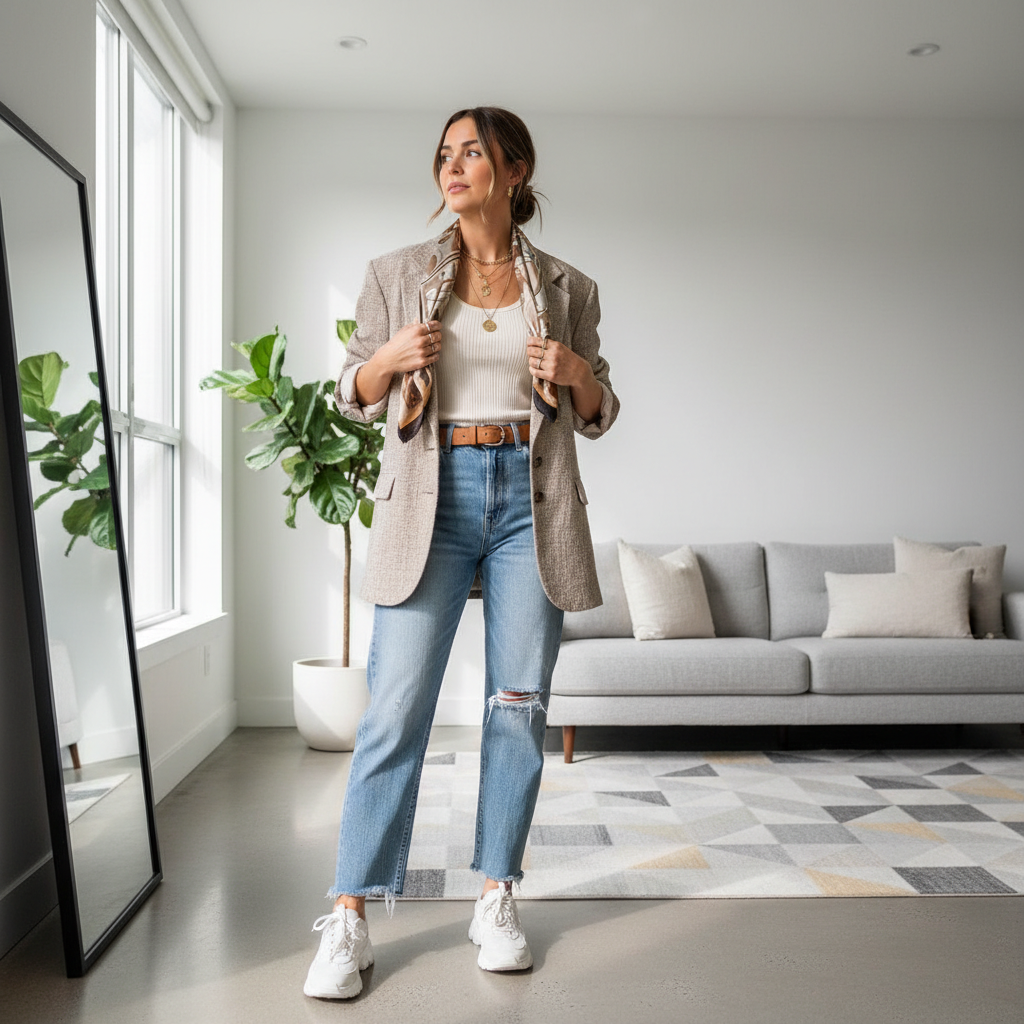 Woman styling a trendy thrifted outfit with blazer and denim at home