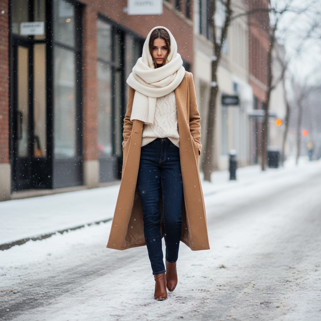 Stylish winter street outfit with long coat scarf and boots