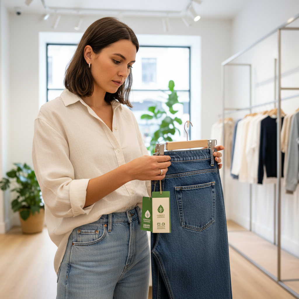 Woman comparing sustainable denim jeans labels and fabric in a retail store