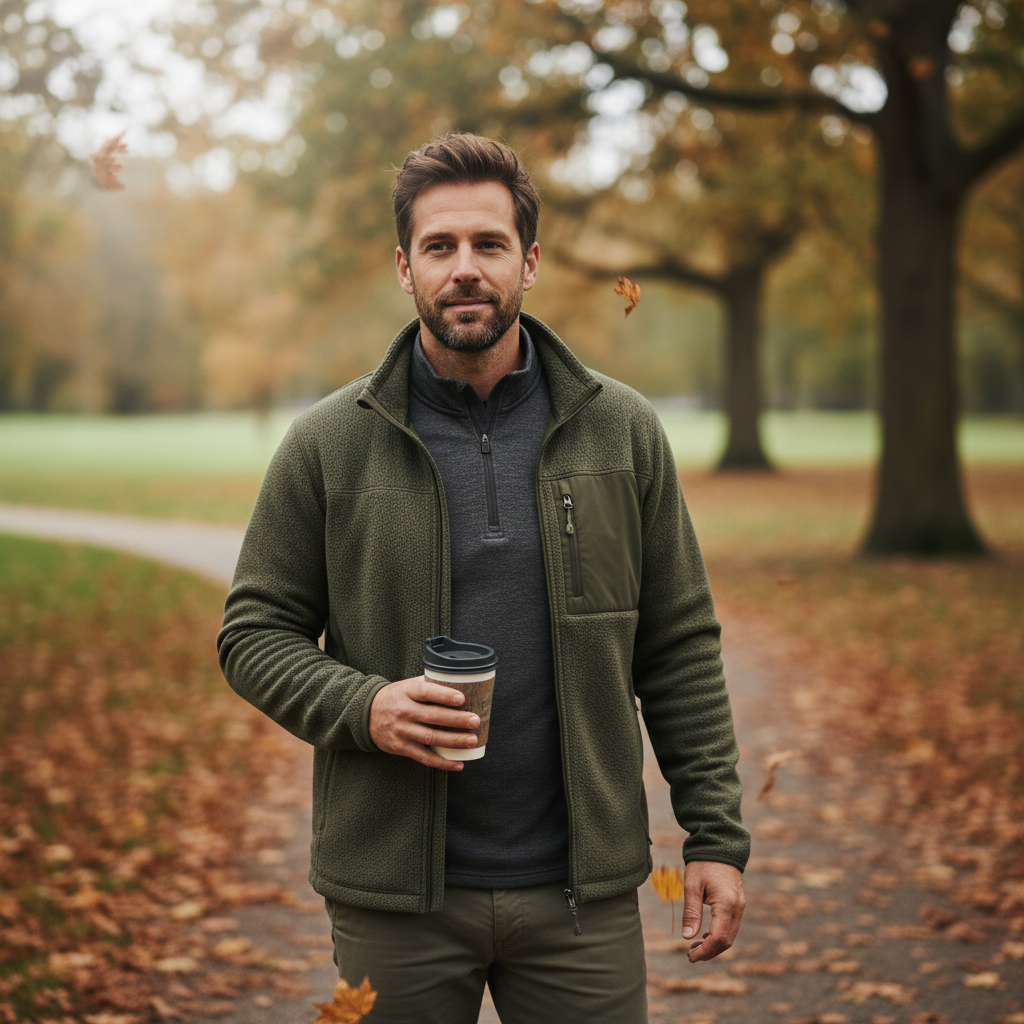 Men wearing a fleece jacket layered for warm and cozy comfort outdoors