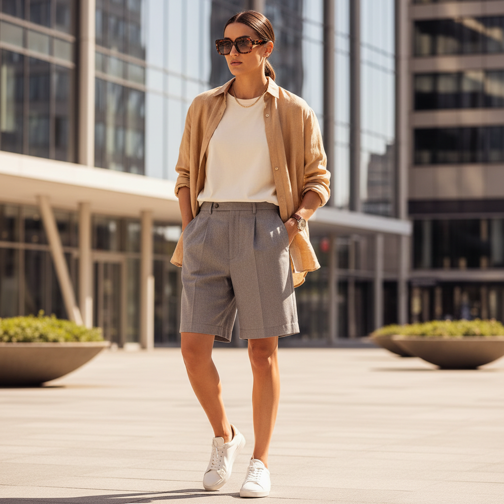 Summer basic t-shirt styling with shorts open linen shirt and sunglasses in a bright outdoor setting