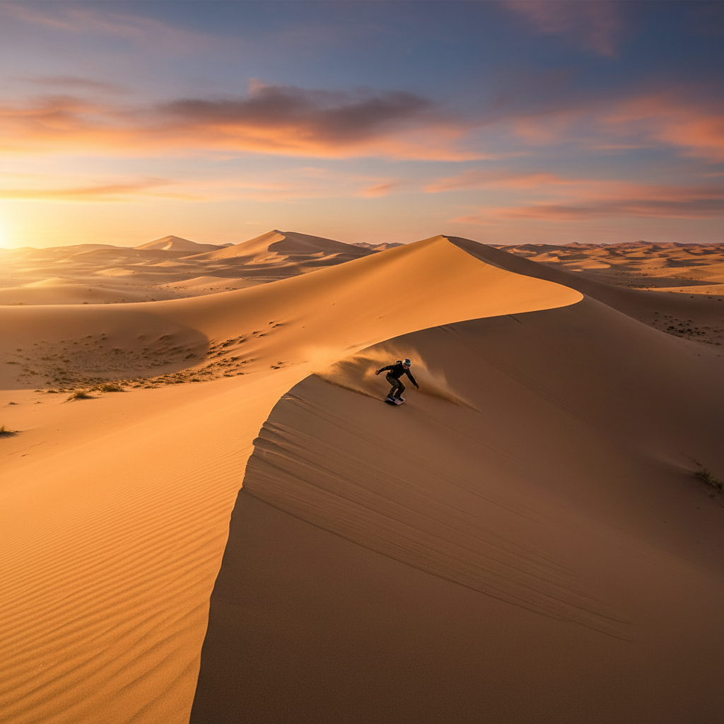 Sandboarding on large desert dunes at sunset travel destination