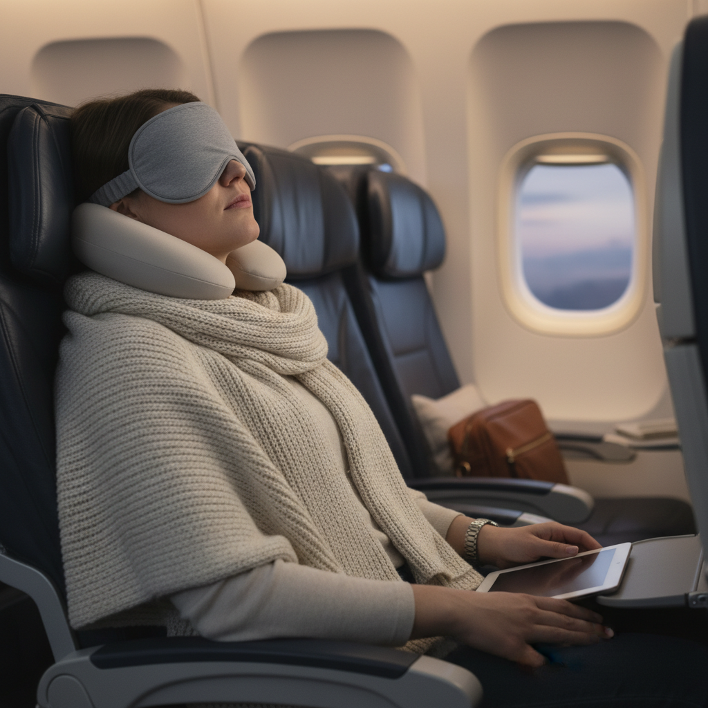 Traveler wearing an eye mask on an airplane seat for better sleep