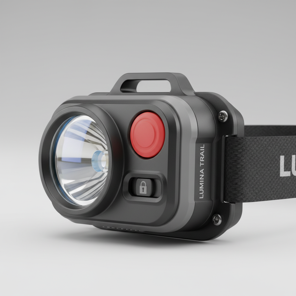 Close-up of a headlamp showing dedicated red light button and lockout control