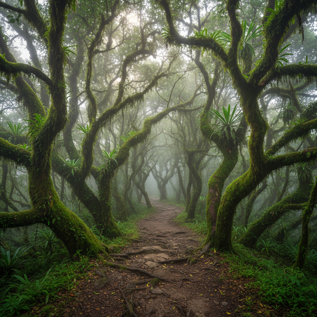 Misty cloud forest trail with mossy trees and hanging epiphytes